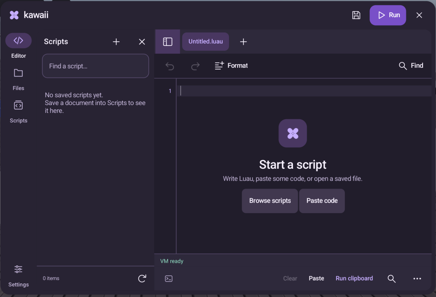 Kawaii editor with saved scripts, a Luau tab, formatting tools, and the Start a script screen.